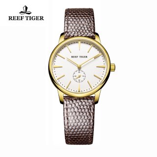 Reef Tiger Vintage Couple Watch White Dial Yellow Gold Calfskin Leather RGA820-GWB