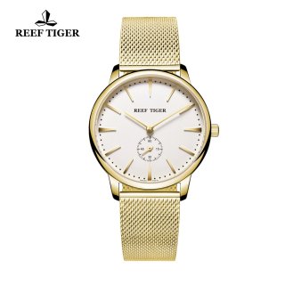 Reef Tiger Vintage Couple Watch White Dial Full Yellow Gold Mens Watches RGA820-MGWG