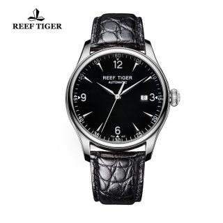 Reef Tiger Heritage Dress Automatic Watch Black Dial Alligator Strap Steel Case RGA823-YBA