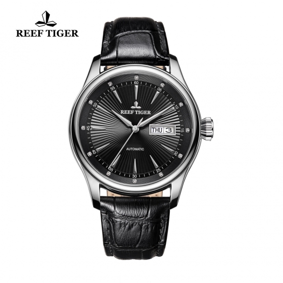 Reef Tiger Heritage II Dress Watch Automatic Black Dial Calfskin Leather Steel Case RGA8232-YBB