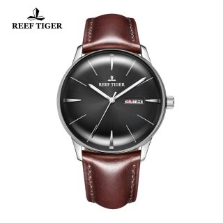 Reef Tiger Classic Heritor Fashion Automatic Watch Black Dial Leather Strap Watches For Men RGA8238-YBBH