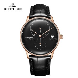 Reef Tiger Seattle Navy II Top Brand Luxury Rose Gold Black Dial Leather Automatic Watch RGA82B0-2-PBB