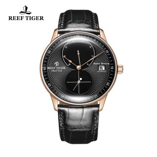 Reef Tiger Seattle Navy Fashion Rose Gold Leather Strap Black Dial Automatic Watch RGA82B0-PBB