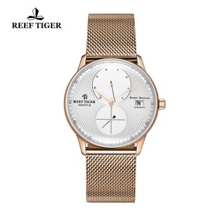 Reef Tiger Seattle Navy Fashion Rose Gold White Dial Rose Gold Bracelet Automatic Watch RGA82B0-PWP