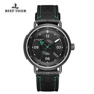 Reef Tiger Limited Edition Discover Mens PVD Black Dial Leather Strap Green Pointer Automatic Watch RGA9055-BBG
