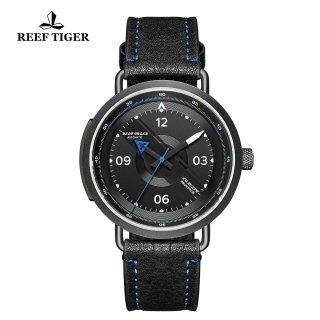 Reef Tiger Limited Edition Discover Mens PVD Black Dial Leather Strap Blue Pointer Automatic Watch RGA9055-BBL
