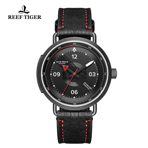 Reef Tiger Limited Edition Discover Mens PVD Black Dial Leather Strap Red Pointer Automatic Watch RGA9055-BBR