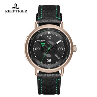 Reef Tiger Limited Edition Discover Mens Rose Gold Black Dial Leather Strap Green Pointer Automatic Watch RGA9055-PBG