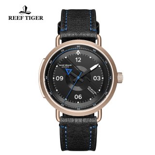 Reef Tiger Limited Edition Discover Mens Rose Gold Black Dial Leather Strap Blue Pointer Automatic Watch RGA9055-PBL