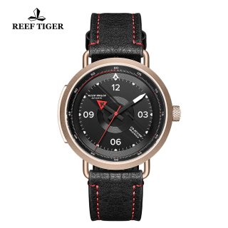 Reef Tiger Limited Edition Discover Mens Rose Gold Black Dial Leather Strap Red Pointer Automatic Watch RGA9055-PBR