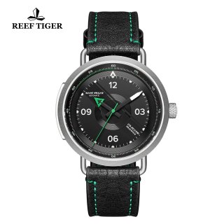 Reef Tiger Limited Edition Discover Mens Steel Black Dial Leather Strap Green Pointer Automatic Watch RGA9055-YBG