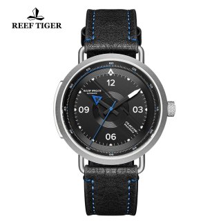 Reef Tiger Limited Edition Discover Mens Steel Black Dial Leather Strap Blue Pointer Automatic Watch RGA9055-YBR