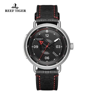 Reef Tiger Limited Edition Discover Mens Steel Black Dial Leather Strap Red Pointer Automatic Watch RGA9055-YBR