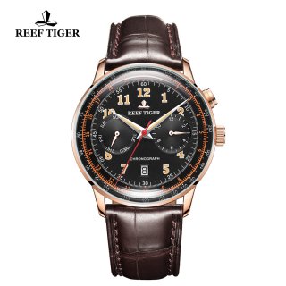 Reef Tiger Limited Edition Luxury Ventage Rose Gold Black Dial Leather Automatic Watch RGA9122-PBSO