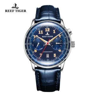 Reef Tiger Limited Edition Luxury Ventage Stainless Steel Blue Dial Leather Automatic Watch RGA9122-YLL