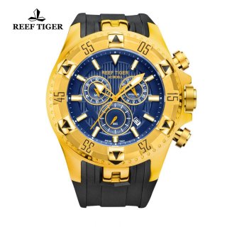 Reef Tiger Hercules Sport Watches Chronograph Yellow Gold Case Blue Dial Watch RGA303-YGL