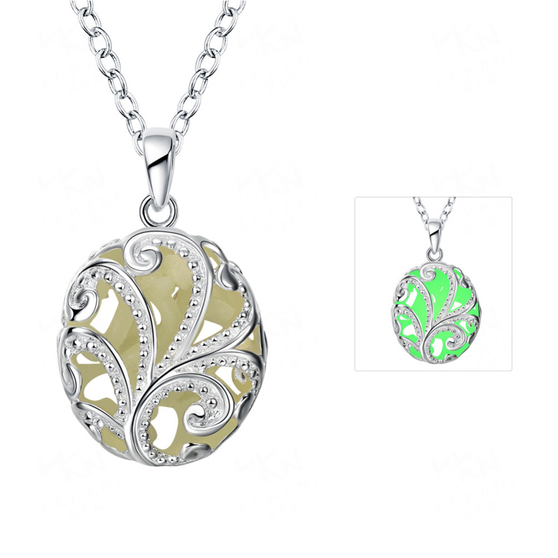 Silver Plated Hollow Flower 3 Color Styles Night Luminous Pendant Necklaces for Women