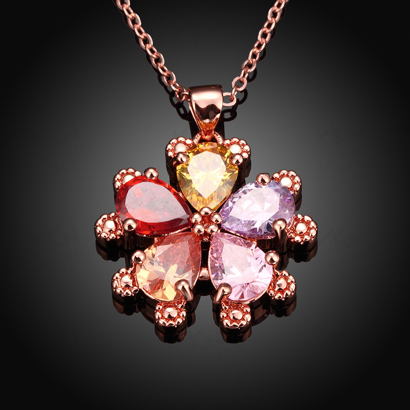 Gold Plated Colorful 5 Petals Flower Zirconia Crystal Quartz Pendant Necklace for Women