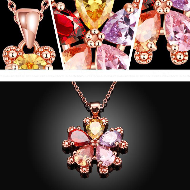 Gold Plated Colorful 5 Petals Flower Zirconia Crystal Quartz Pendant Necklace for Women