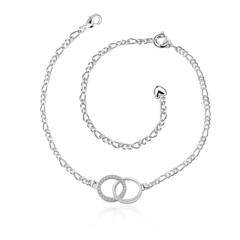 Double Circle Design Silver Plated Anklets Bracelets For Women With AAA+ Cubic Zircon Crystal Foot Chain   Jewelry