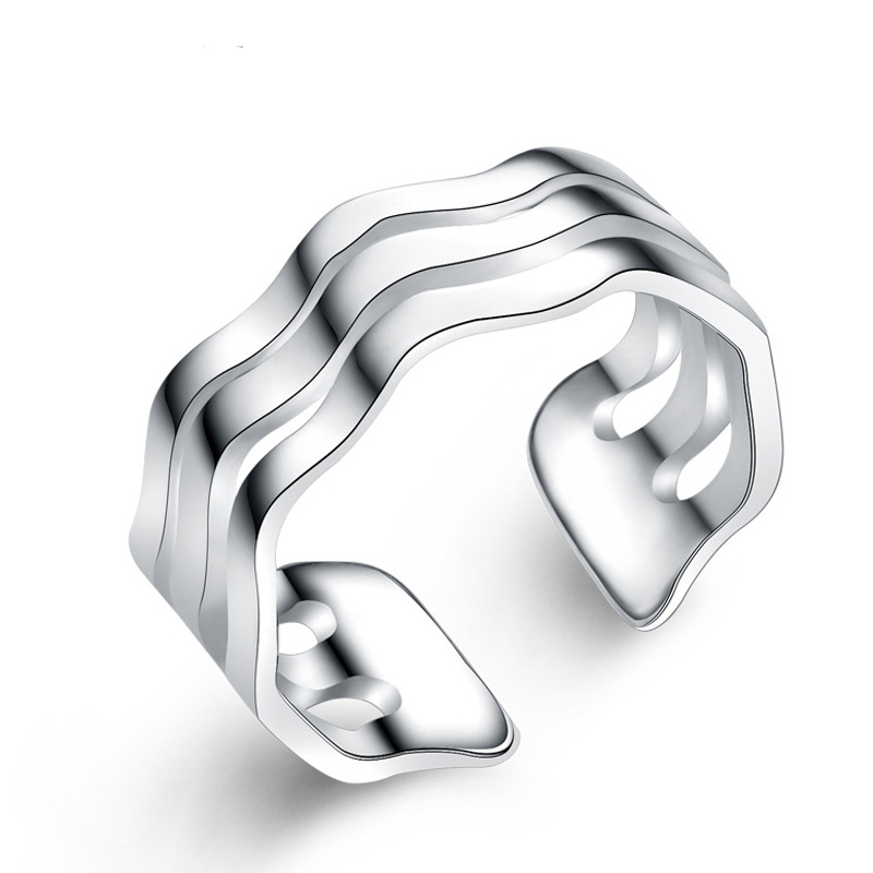925 Sterling Silver Adjustable Water Wave Round Shape Hollow Ring for Women