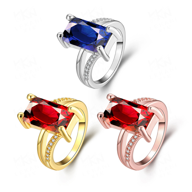 Diamond Ring Gold Plated with Big Red/Blue Crystal Rings Beautiful Jewelery