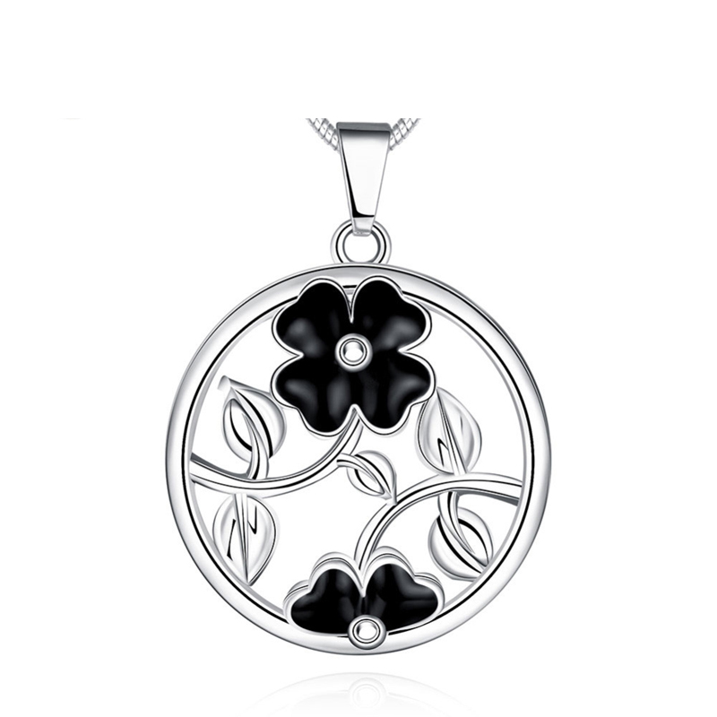 Sliver Chain Neacklace Black Flower Pendant For Girls