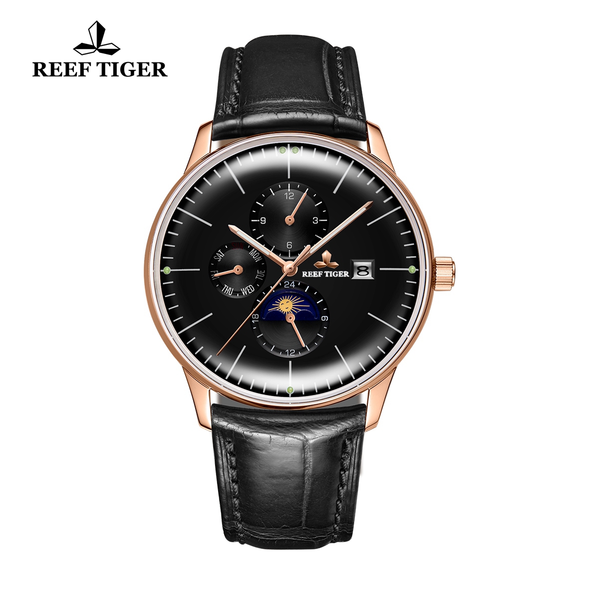 Reef Tiger Seattle Philosopher Convex Lens Genuine Leather Strap Automatic Watches with Date Day RGA1653-PBB