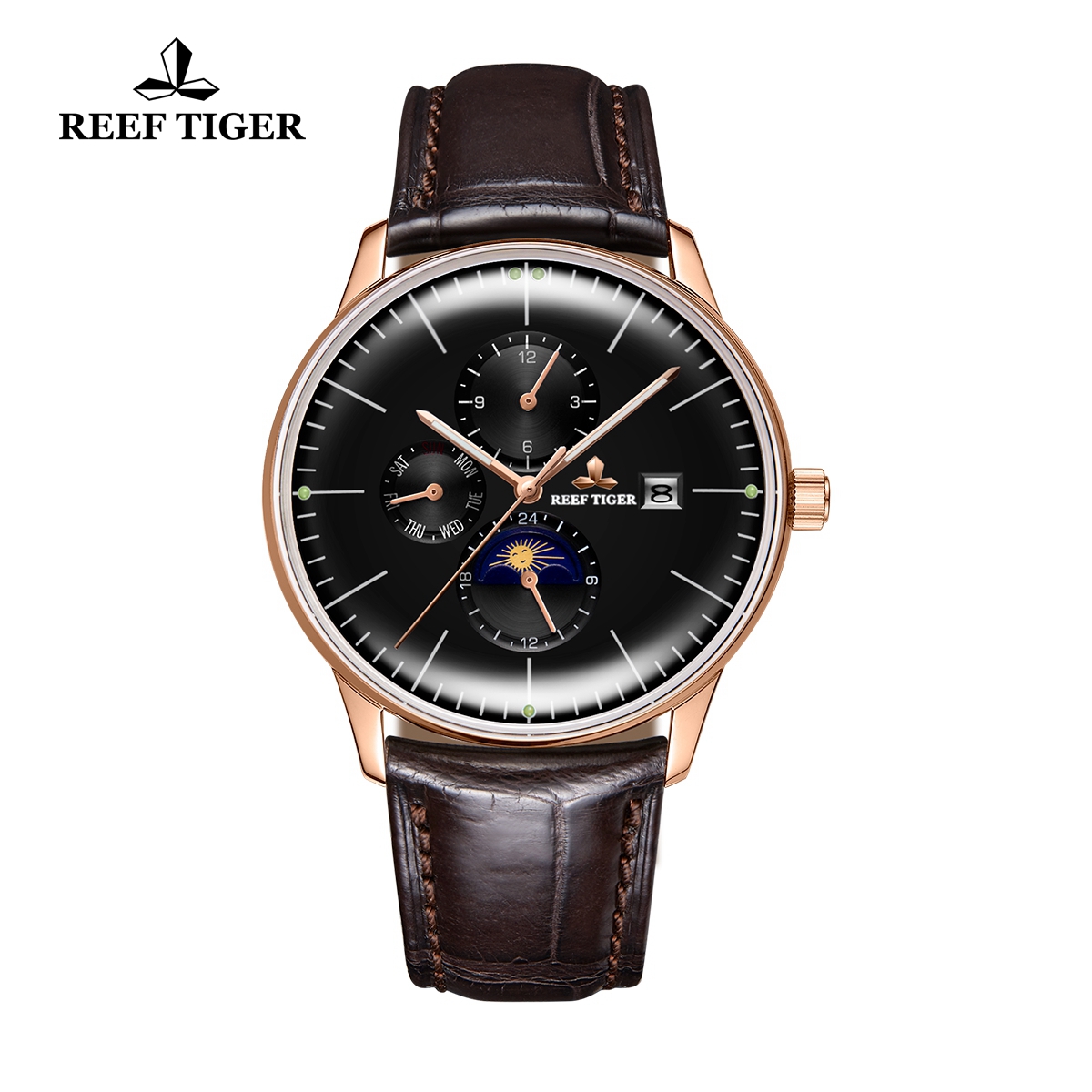 Reef Tiger Seattle Philosopher Rose Gold Convex Lens Leather Strap Automatic Watches with Date Day RGA1653-PBS