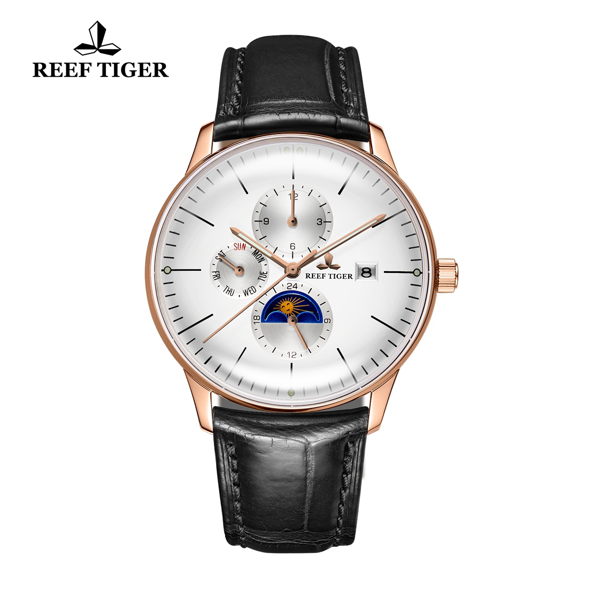 Reef Tiger Seattle Philosopher Rose Gold Convex Lens Genuine Leather Automatic with Date Day Watch RGA1653-PWB