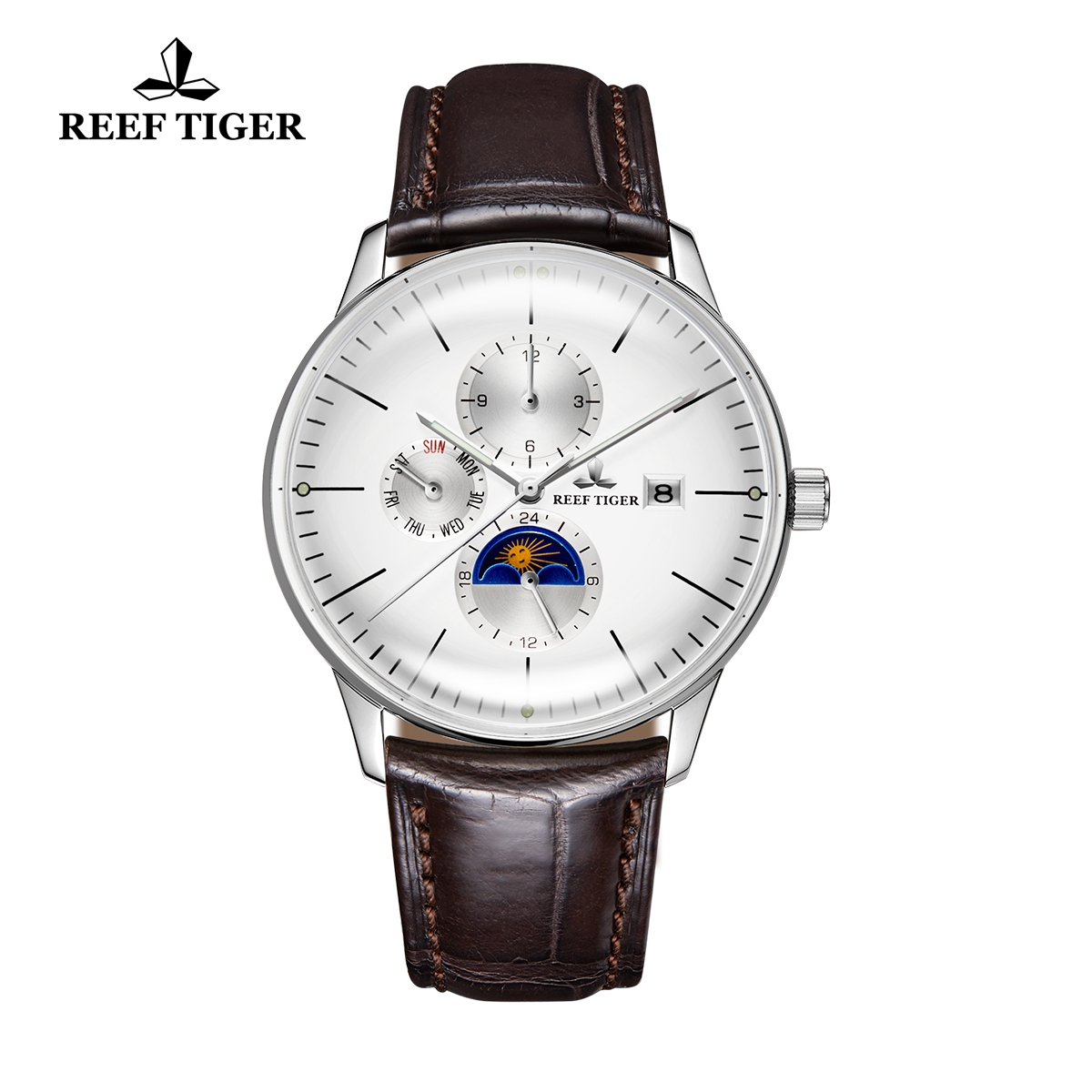 Reef Tiger Seattle Philosopher Classic Casual Watches Leather Strap Automatic Watch with Date Day For Men RGA1653-YWS