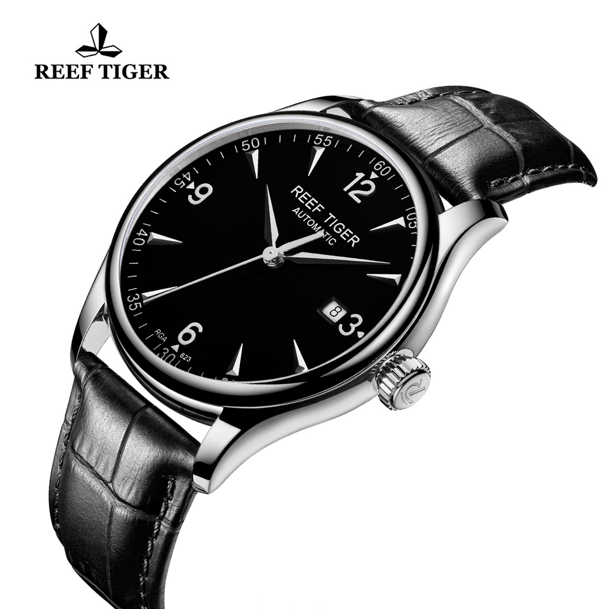 Reef Tiger Heritage Dress Automatic Watch Black Dial Calfskin Leather Strap RGA823G-YBB