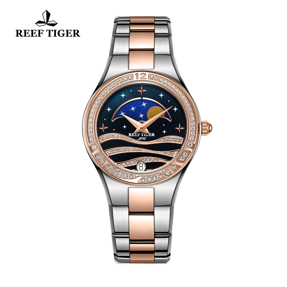 Reef Tiger Love Stars Luxury Quartz Watch Rose Gold Steel Black Dial RGA1524-PBT