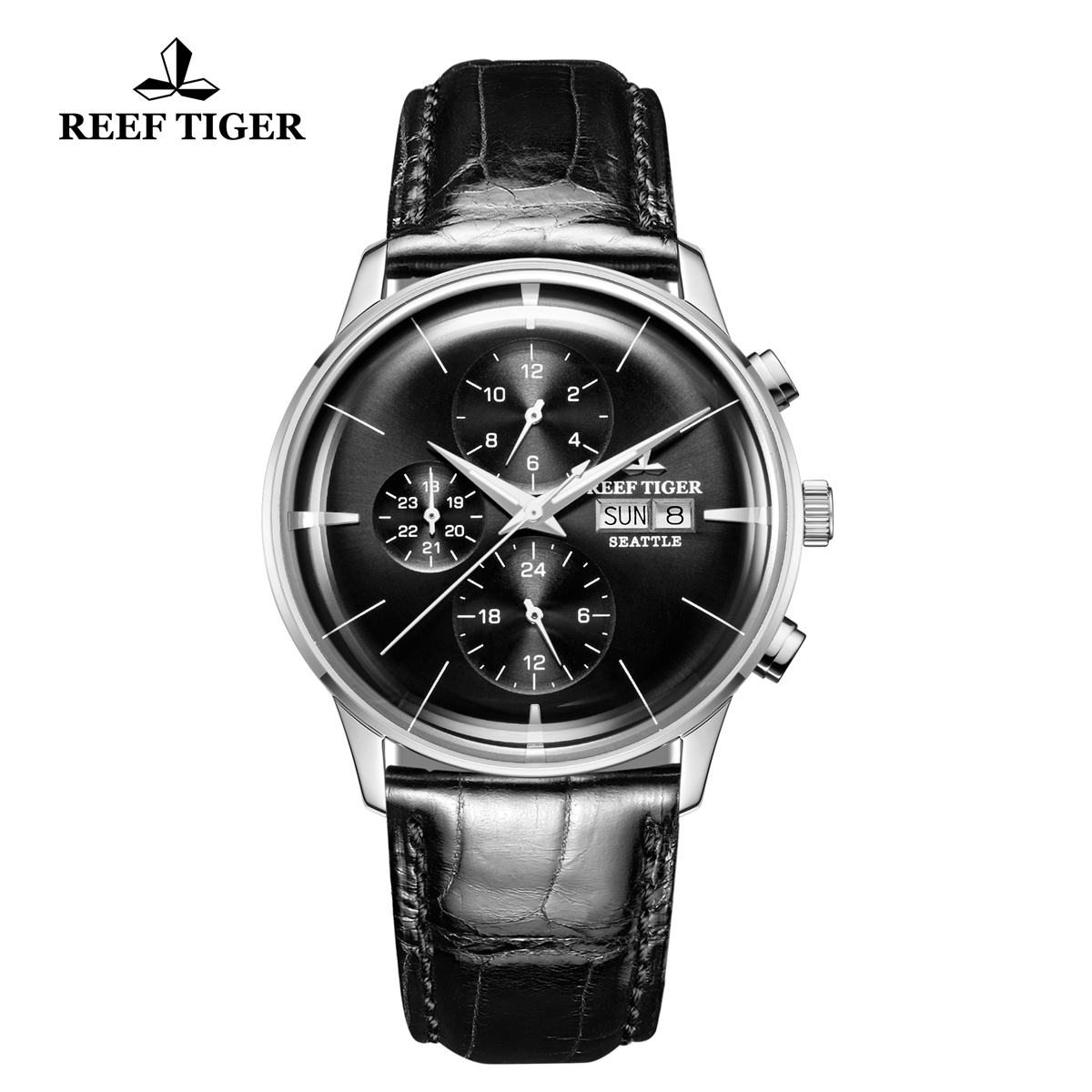 Reef Tiger Seattle Chief Fashion Steel Leather Strap Black Dial Automatic Watch RGA1699-YBB