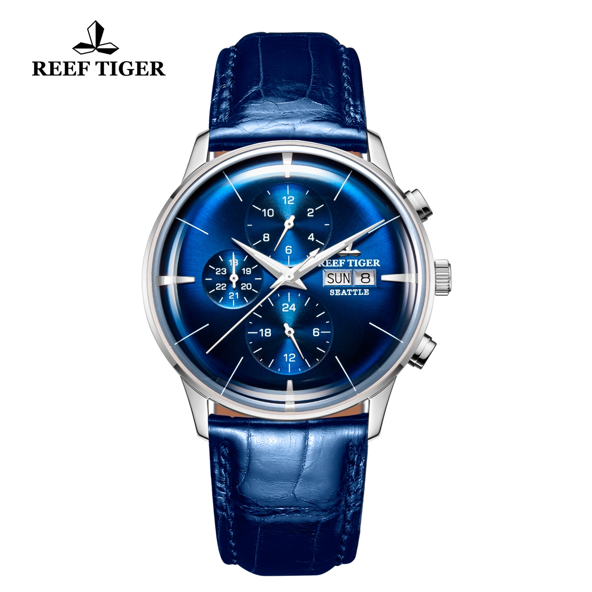 Reef Tiger Seattle Chief Fashion Blue Dial Steel Leather Strap Automatic Watch RGA1699-YLL