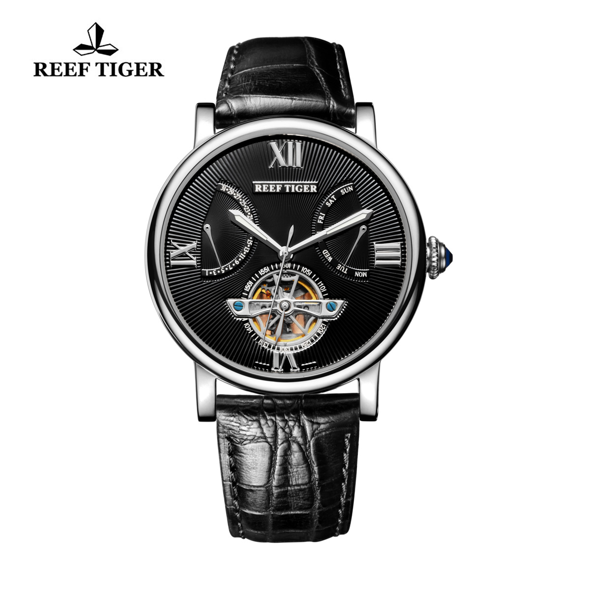 Reef Tiger Carved Spiral Tourbillon Watch with Day Date Steel Black Dial Calfskin Strap RGA191