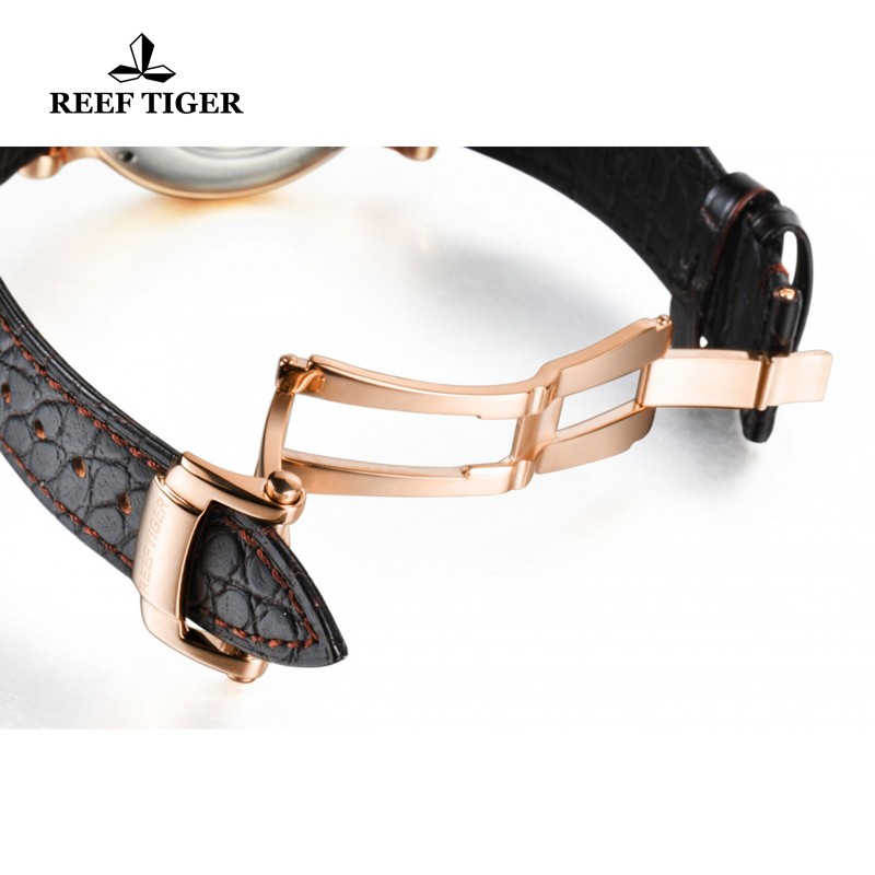 Reef Tiger Royal Crown Luxury Tourbillon Watches Rose Gold Blue Crystal Crown Alligator Strap RGA192