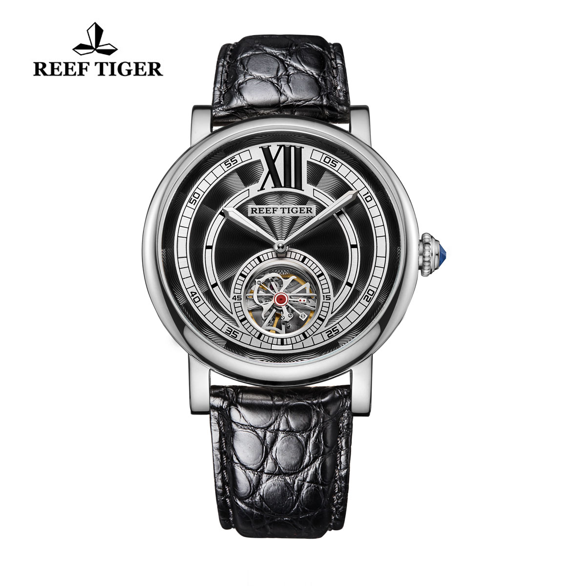 Reef Tiger Royal Crown Luxury Tourbillon Watches Steel Case Blue Crystal Crown Alligator Strap RGA192