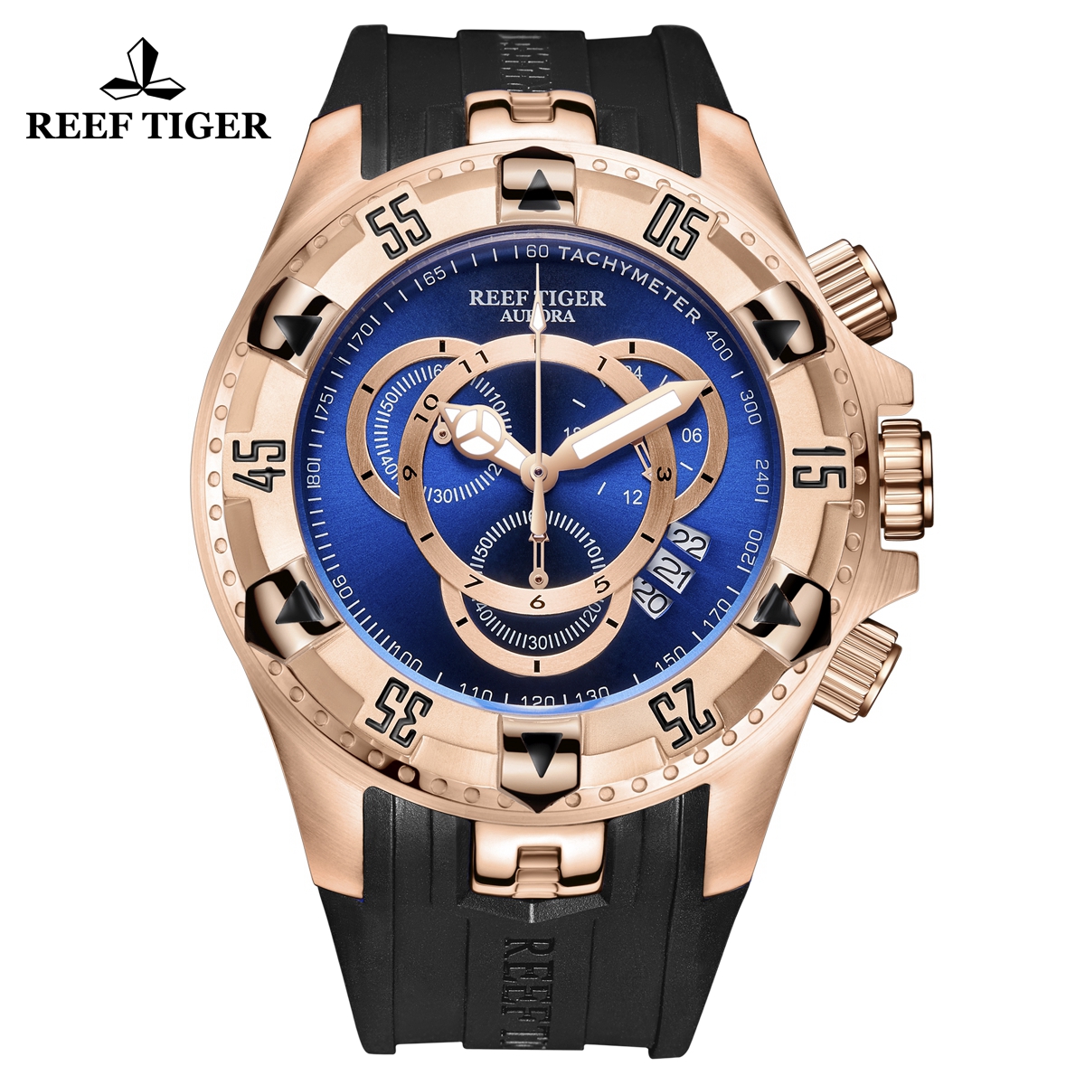 Reef Tiger Aurora Hercules II Fashion Rose Gold Rubber Strap Blue Dial Quartz Watch RGA303-2-PLB