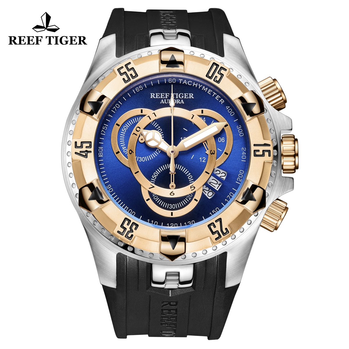 Reef Tiger Aurora Hercules II Fashion Steel/Rose Gold Rubber Strap Blue Dial Quartz Watch RGA303-2-YLBG