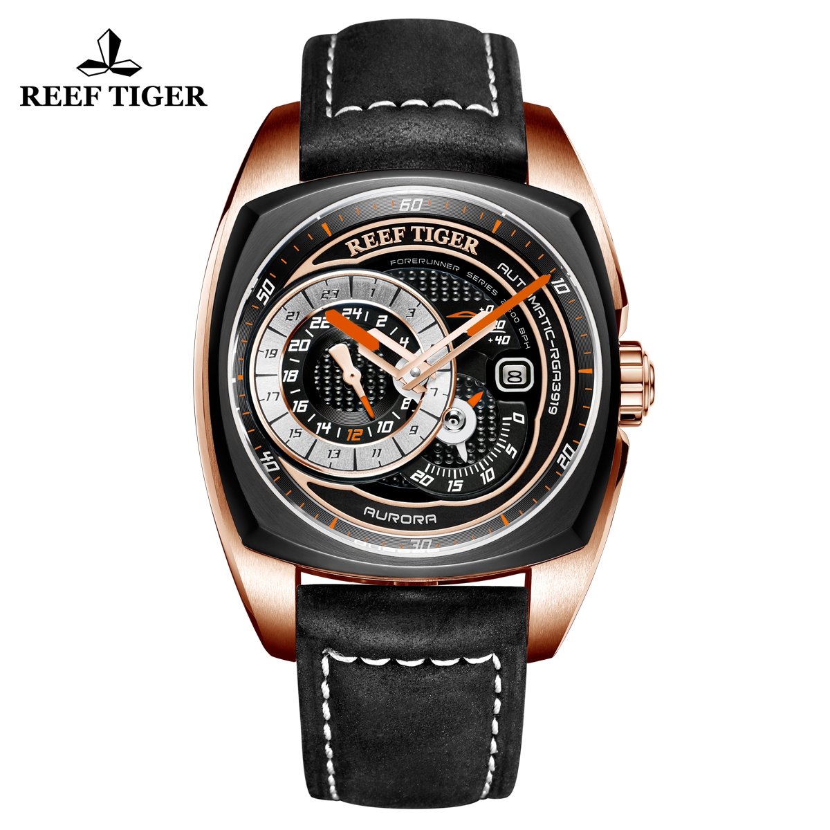 Reef Tiger Aurora Pioneer Fashion PVD/Rose Gold Black Dial Leather Strap Automatic Watch RGA3319-PBBO