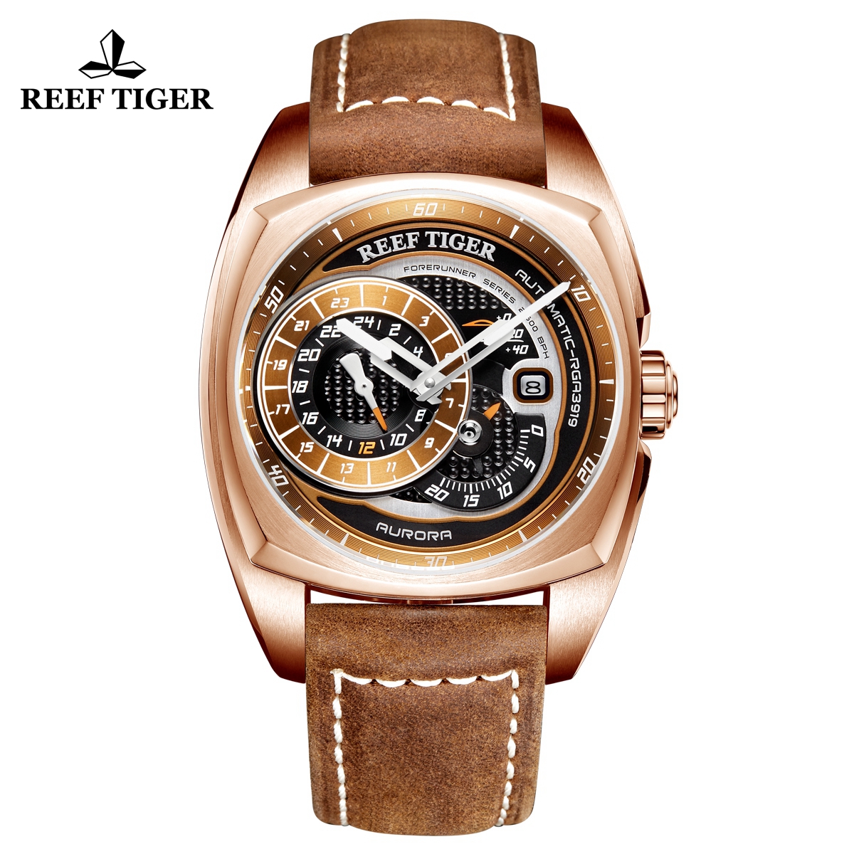Reef Tiger Aurora Pioneer Fashion Rose Gold Black Dial Leather Strap Automatic Watch RGA3319-PSS
