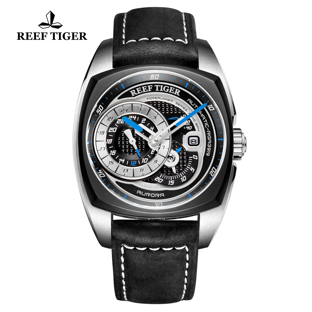 Reef Tiger Aurora Pioneer Fashion PVD/Steel Black Dial Leather Strap Automatic Watch RGA3319-TBBL
