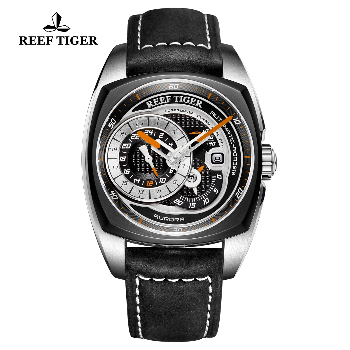 Reef Tiger Aurora Pioneer Fashion PVD/Steel Black Dial Leather Strap Automatic Watch RGA3319-TBBO