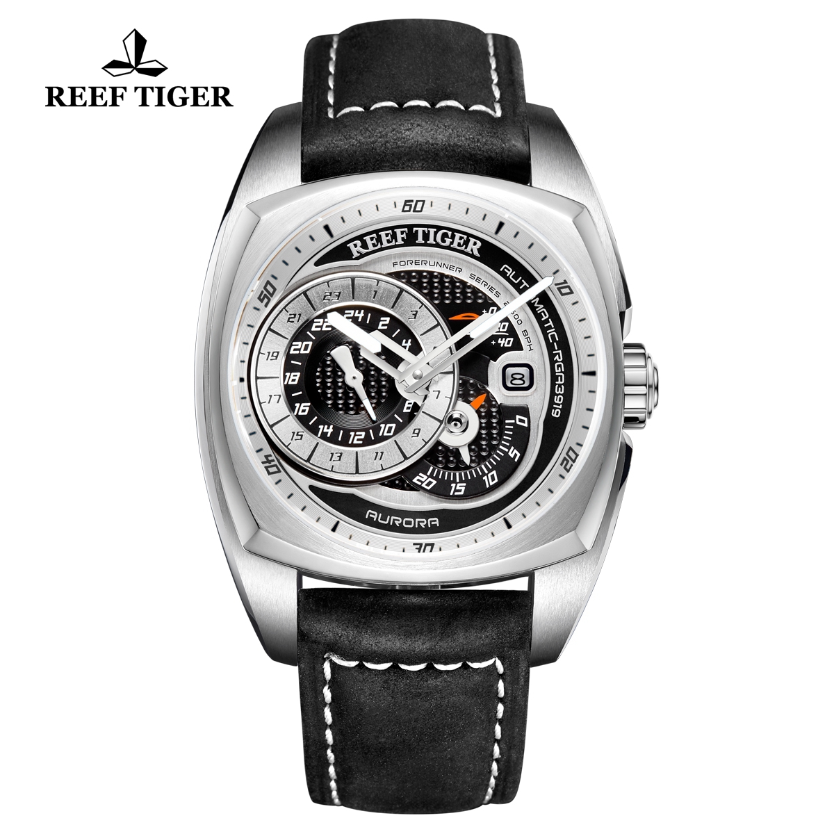 Reef Tiger Aurora Pioneer Fashion Steel Black Dial Leather Strap Automatic Watch RGA3319-YBB