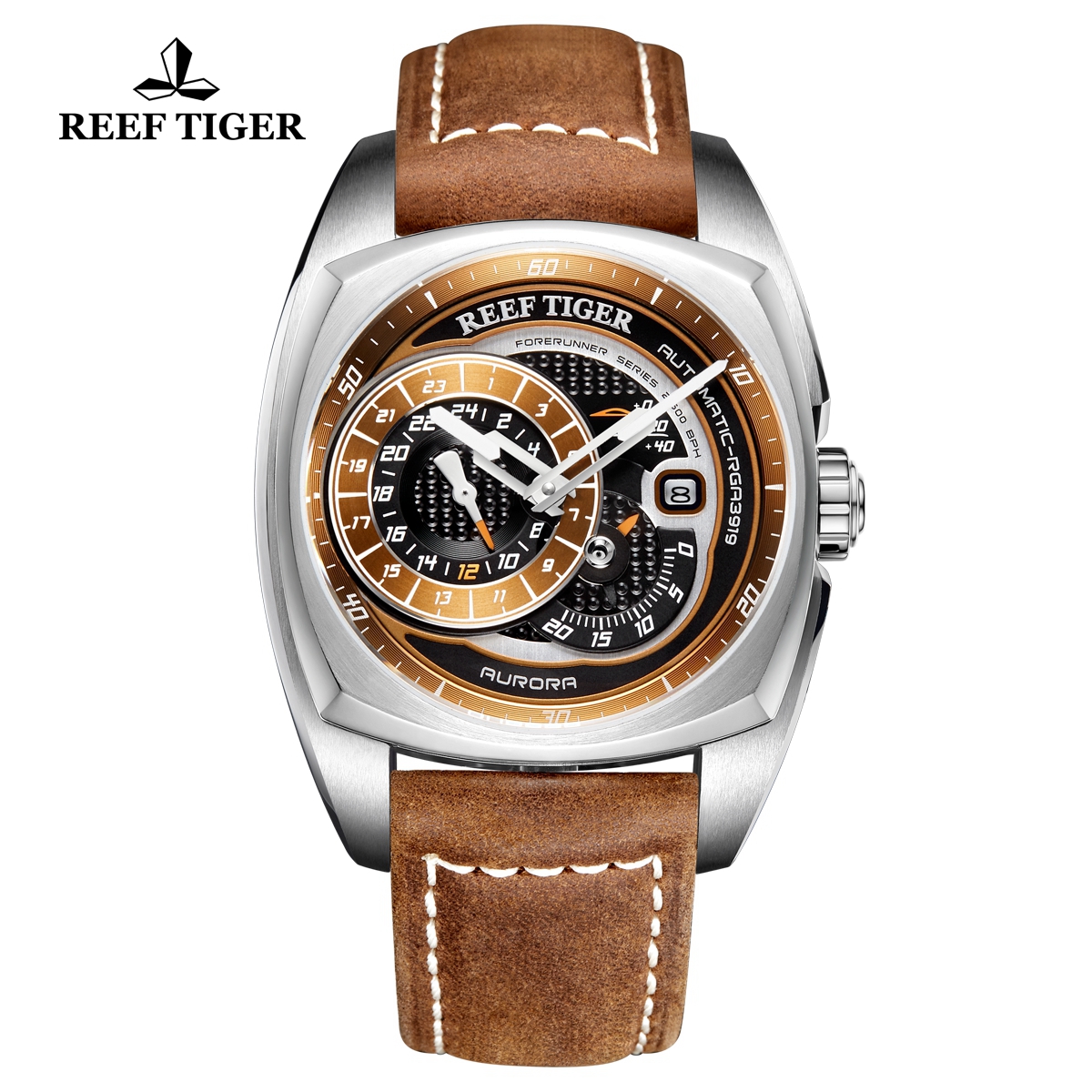 Reef Tiger Aurora Pioneer Fashion Steel Brown Dial Leather Strap Automatic Watch RGA3319-YSS