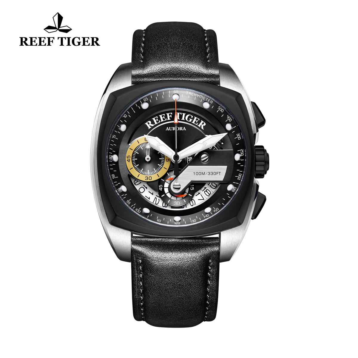 Reef Tiger Aurora Formula Race Fashion Steel Leather Strap Black Dial Quartz Watch RGA3363-TBB