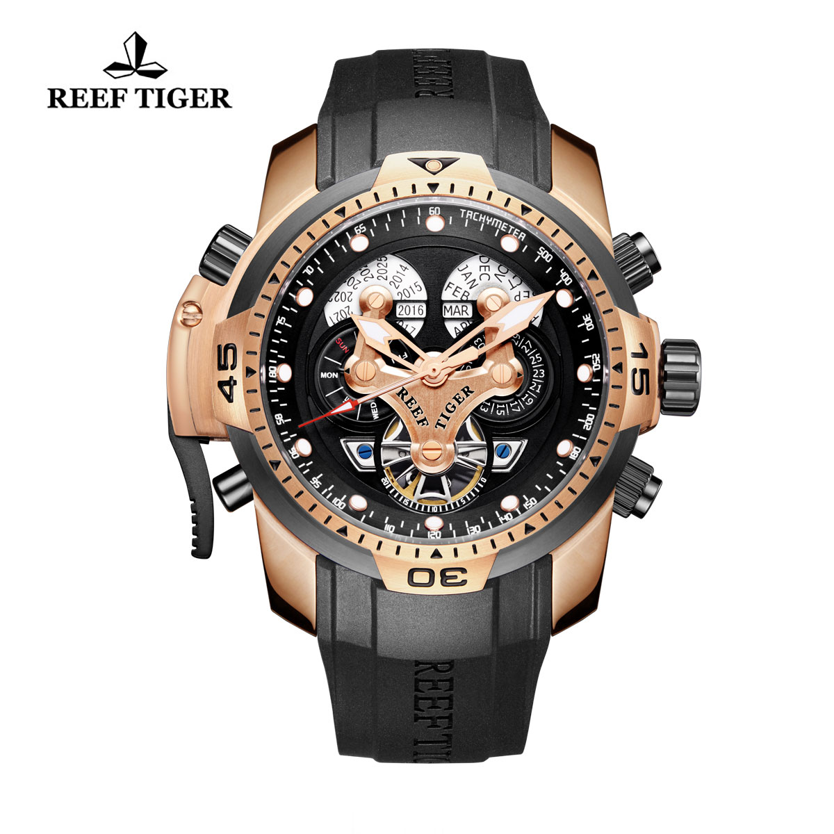 Reef Tiger Concept Sport Watches Automatic Watch Rose Gold Case Black Rubber RGA3503-PBBG