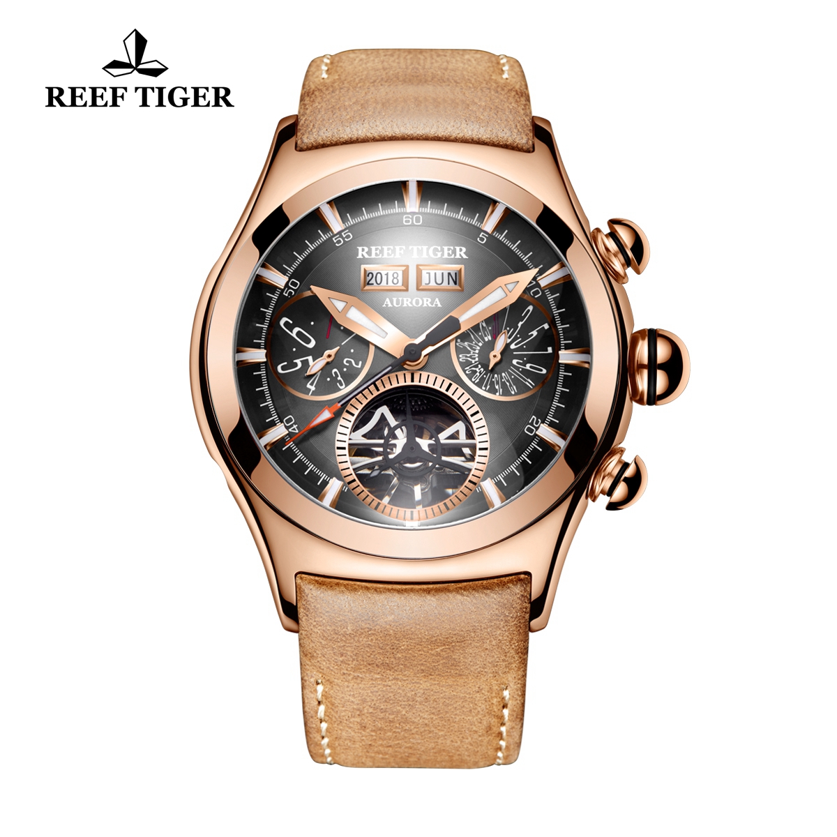 Reef Tiger Air Bubble II Sport Casual Watches Automatic Watch Rose Gold Case Leather Strap RGA7503-PBS