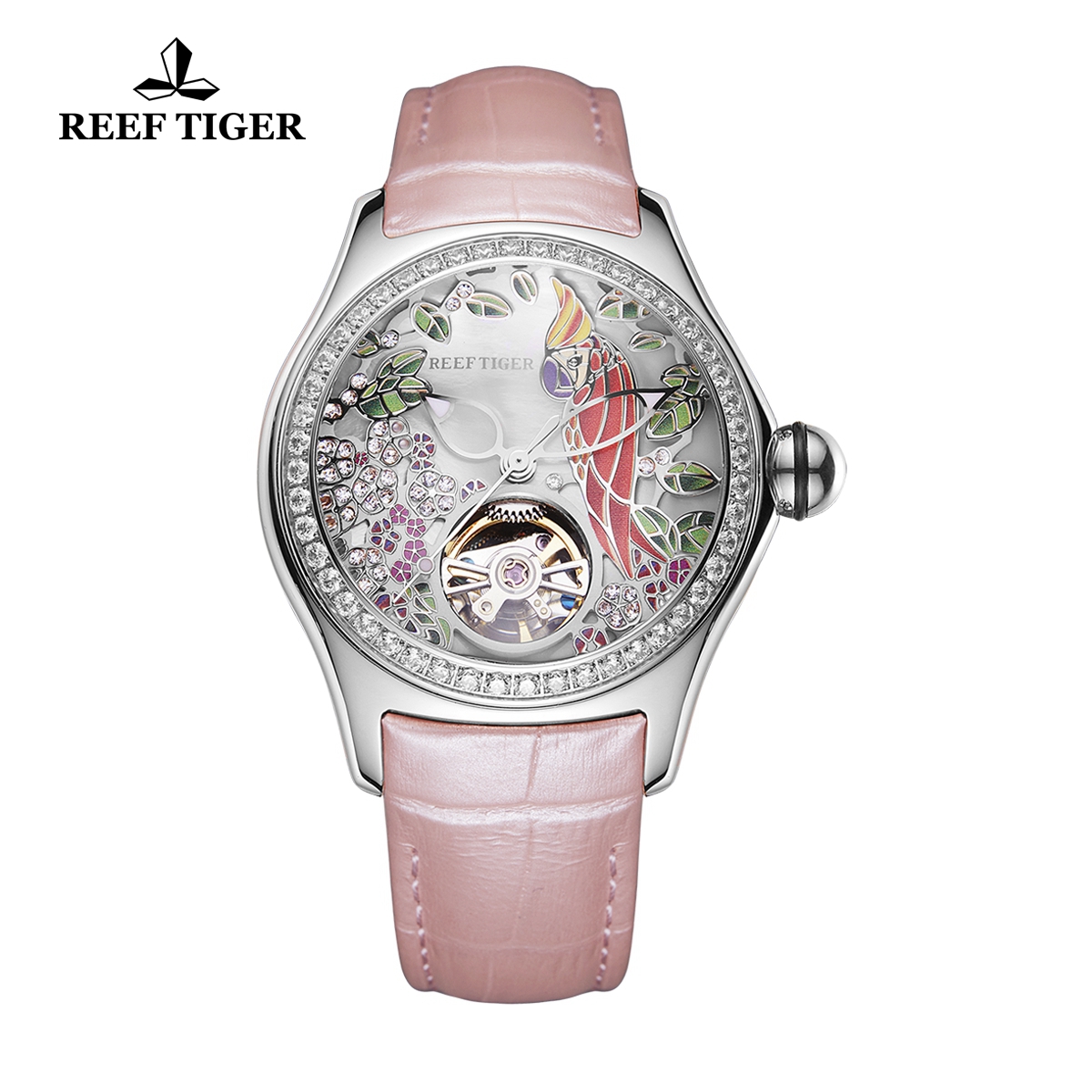 Reef Tiger Aurora Parrot Casual Diamonds Bezel Watch Rose Gold Case Leather Strap RGA7105-YSPD